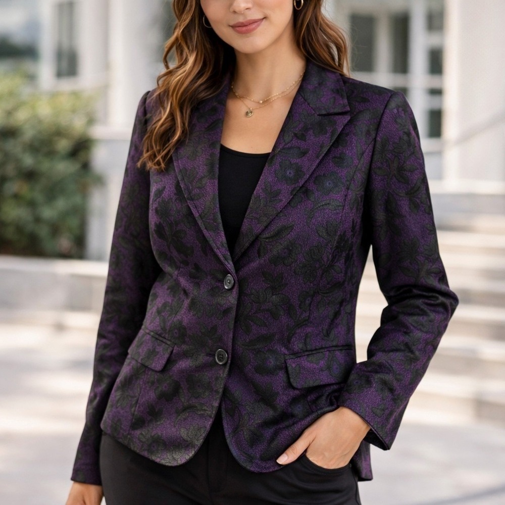 Whimsigoth Purple Black Floral Brocade Blazer Jacket Gothic Dark Academia M